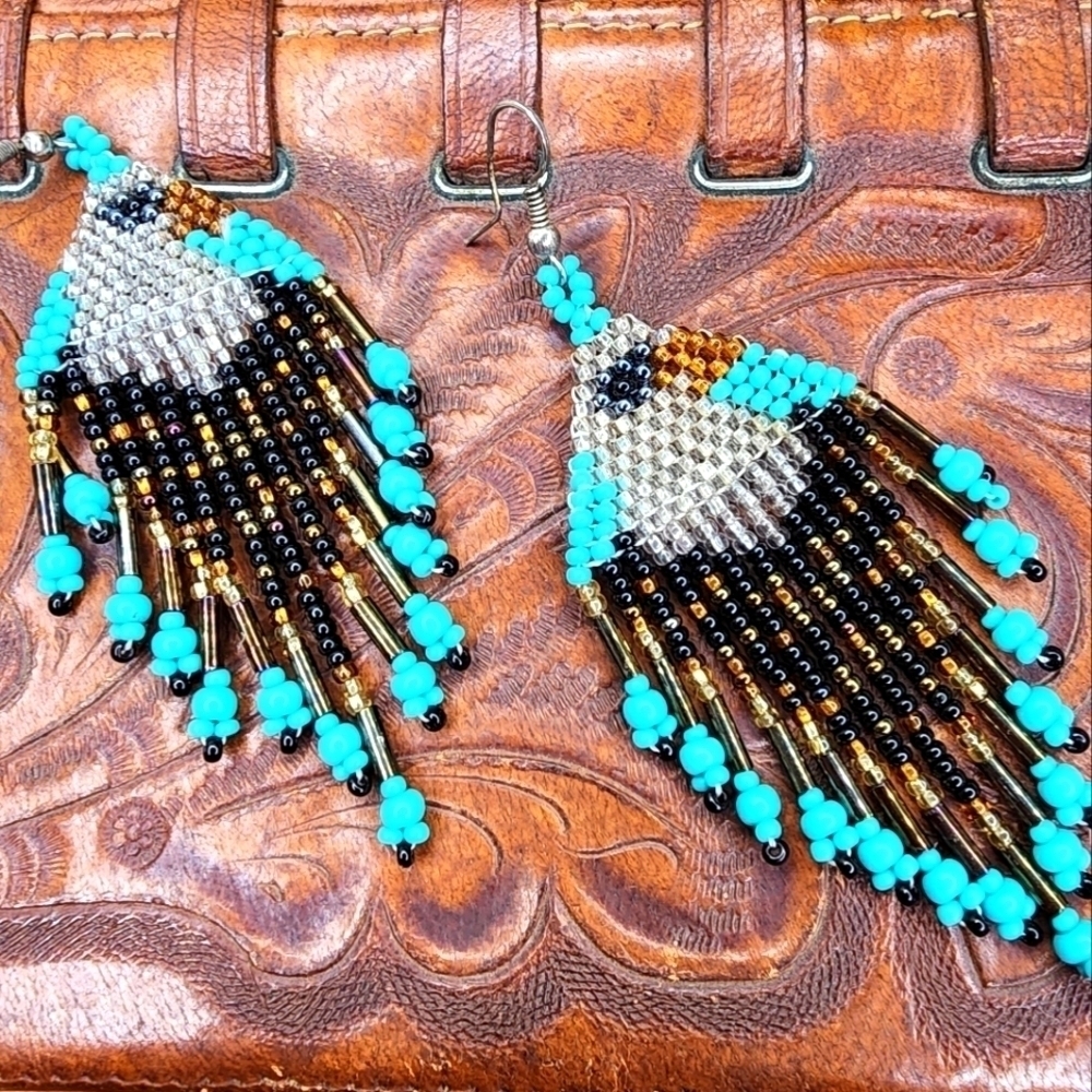 Handmade Southwest Style Earrings EAGLE Seed Bead Long Dandle Western Bohemian